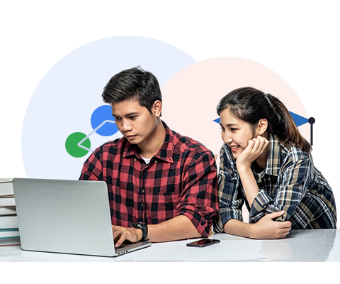 Illustration of two shapes joining together, representing the Google and ICT Academy partnership